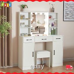 Large Dressing Table with LED Mirror 3 Drawers 2 Door Makeup Dresser Desk with Stool
