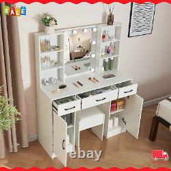 Large Dressing Table with LED Mirror 3 Drawers 2 Door Makeup Dresser Desk with Stool