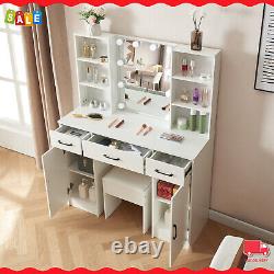 Large Dressing Table with LED Mirror 3 Drawers 2 Door Makeup Dresser Desk with Stool