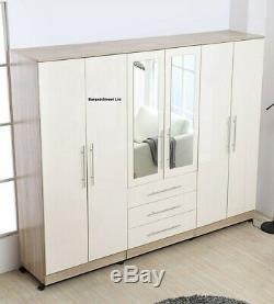 Large Fitment Quad Mirror Wardrobe 6 Door 3 Drawers High Gloss WHITE