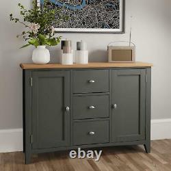 Large Grey 2 Door Wooden Sideboard Storage 3 Drawers 2 Internal Shelves Oak Top