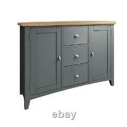 Large Grey 2 Door Wooden Sideboard Storage 3 Drawers 2 Internal Shelves Oak Top