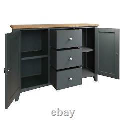 Large Grey 2 Door Wooden Sideboard Storage 3 Drawers 2 Internal Shelves Oak Top