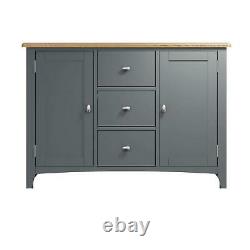 Large Grey 2 Door Wooden Sideboard Storage 3 Drawers 2 Internal Shelves Oak Top