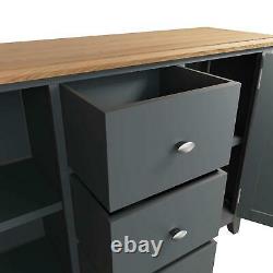 Large Grey 2 Door Wooden Sideboard Storage 3 Drawers 2 Internal Shelves Oak Top