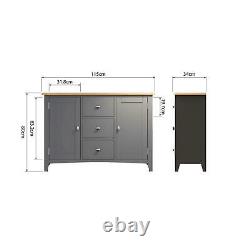 Large Grey 2 Door Wooden Sideboard Storage 3 Drawers 2 Internal Shelves Oak Top