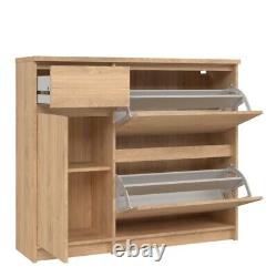 Large Hickory Oak Finish Wooden Shoe Storage Cabinet Unit Tilting Doors Drawers