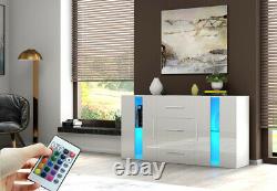 Large High Gloss Front 2 Doors 3 Drawer Sideboard Cupboard Cabinet Home FREE LED