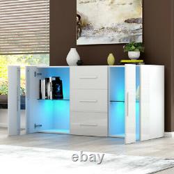Large High Gloss Front 2 Doors 3 Drawer Sideboard Cupboard Cabinet Home FREE LED