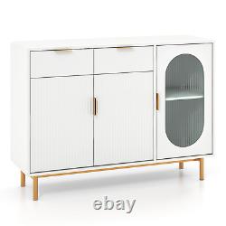 Large Kitchen Storage Cabinet, 2 Drawers, 2 Doors, MDF, Metal Legs, White