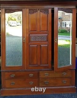 Large Mahogany Mirrored 2-Door Wardrobe with Drawers (Victorian or Edwardian)