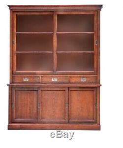 Large Mahogany Solid Oak Bookcase Dresser with Sliding Glass Doors and Drawers