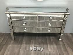 Large Mirrored Sideboard Long Chest 6 Drawers Storage Diamante Crystal Glass