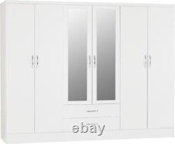 Large Mirrored Wardrobes White Gloss Finish with Hanging Rail, Nevada 6 Door