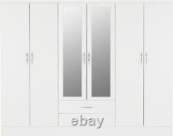 Large Mirrored Wardrobes White Gloss Finish with Hanging Rail, Nevada 6 Door