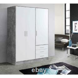Large Modern 3 Door 3 Drawer Combination Wardrobe Matt White Concrete Grey Frame