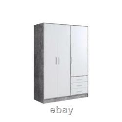 Large Modern 3 Door 3 Drawer Combination Wardrobe Matt White Concrete Grey Frame