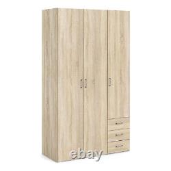 Large Modern Oak Finish 3 Door Triple Wardrobe 3 Drawers Hanging Clothes Rail