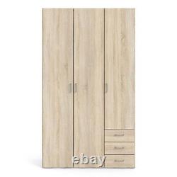 Large Modern Oak Finish 3 Door Triple Wardrobe 3 Drawers Hanging Clothes Rail