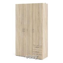 Large Modern Oak Finish 3 Door Triple Wardrobe 3 Drawers Hanging Clothes Rail