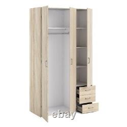 Large Modern Oak Finish 3 Door Triple Wardrobe 3 Drawers Hanging Clothes Rail