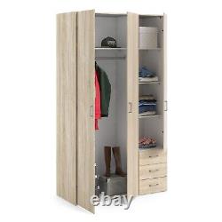 Large Modern Oak Finish 3 Door Triple Wardrobe 3 Drawers Hanging Clothes Rail