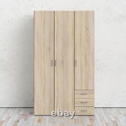 Large Modern Oak Finish 3 Door Triple Wardrobe 3 Drawers Hanging Clothes Rail