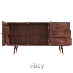 Large Retro Sideboard Dark Brown Solid Wood Gold Inlay 2 Doors Cabinet 3 Drawers