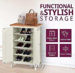 Large Shoe Storage Cupboard, 2-Doors Wooden Oak Off White Organiser with Shelves