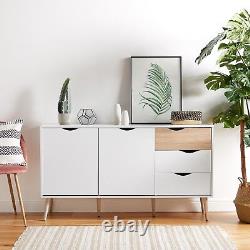 Large Sideboard Cabinet 2 Cupboards & 3 Drawers White & Wood Effect VonHaus