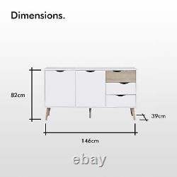Large Sideboard Cabinet 2 Cupboards & 3 Drawers White & Wood Effect VonHaus