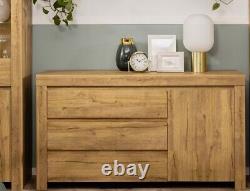 Large Sideboard Cabinet 3 Drawer Scandi Soft Close Waterford Oak Effect Holten