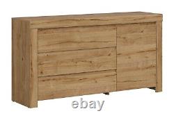 Large Sideboard Cabinet 3 Drawer Scandi Soft Close Waterford Oak Effect Holten