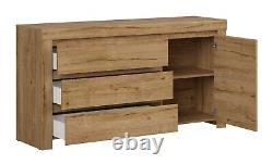 Large Sideboard Cabinet 3 Drawer Scandi Soft Close Waterford Oak Effect Holten