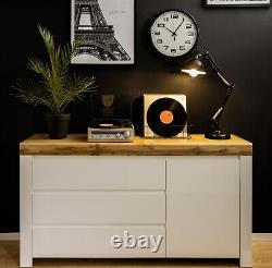 Large Sideboard Cabinet 3 Drawer Unit Soft Close White Gloss Oak Effect Holten