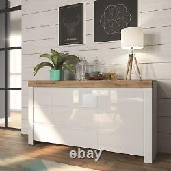 Large Sideboard Cabinet 3 Drawer Unit Soft Close White Gloss Oak Effect Holten