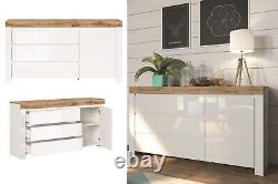 Large Sideboard Cabinet 3 Drawer Unit Soft Close White Gloss Oak Effect Holten