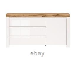 Large Sideboard Cabinet 3 Drawer Unit Soft Close White Gloss Oak Effect Holten