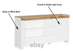 Large Sideboard Cabinet 3 Drawer Unit Soft Close White Gloss Oak Effect Holten