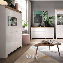 Large Sideboard Cabinet 3 Drawer Unit Soft Close White Gloss Oak Effect Holten