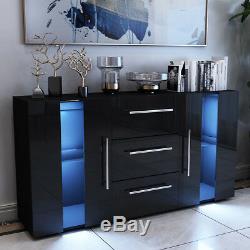 Large Sideboard Cabinet High Gloss Front Chest of 3 Drawers 2 Doors LED Black UK