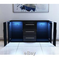 Large Sideboard Cabinet High Gloss Front Chest of 3 Drawers 2 Doors LED Black UK