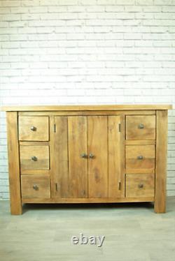 Large Sideboard Dresser Storage Unit Rustic Solid Wood 6 Drawer 2 Door
