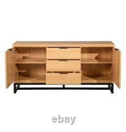 Large Sideboard, Oak Effect Cabinet with Metal Base, 3 Drawers & 2 Compartments