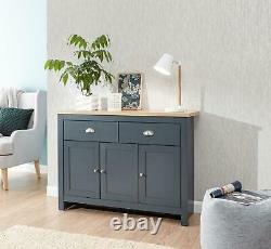 Large Slate Blue Sideboard Storage Unit 2 Drawers 3 Doors Metal Handles Oak Top