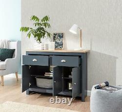 Large Slate Blue Sideboard Storage Unit 2 Drawers 3 Doors Metal Handles Oak Top