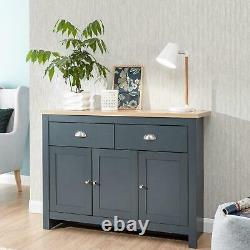 Large Slate Blue Sideboard Storage Unit 2 Drawers 3 Doors Metal Handles Oak Top