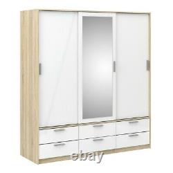 Large Sliding Doors Wardrobe 3 Doors 6 Drawers Oak White High Gloss 181x200x60cm