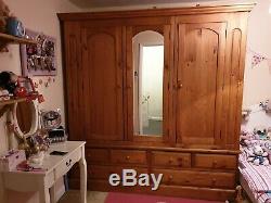 Large Solid Oak Wardrobe Mirrored Door 3 Doors 6 Drawers