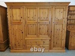 Large Solid Pine 4 Door Wardrobe, Drawers Full Hanging Sections FREE DELIVERY